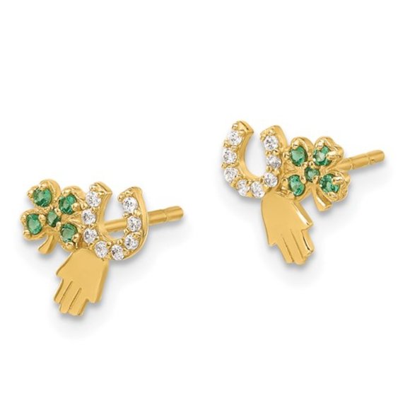 14K Yellow Gold Green and Clear CZ Clover Horseshoe and Hamsa Post Earrings - Picture 4 of 5